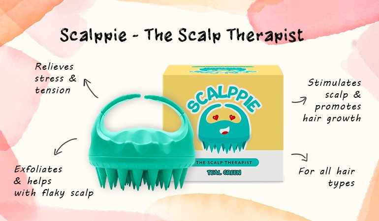 Scalppie - The Scalp Therapist Relieves stress & tension Exfoliates & helps with flaky scalp Stimulates scalp & promotes hair growth For all hair types