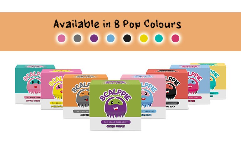 Scalppie available in 8 colors Cotton Candy Pink Butterball Yellow Ash Grey Orchid Purple Charcoal Black Teal Green Rose Pink Hawaiian Blue